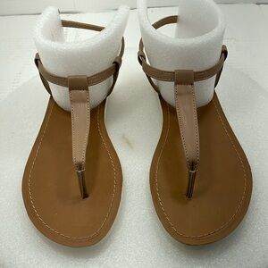 Sun Stone Krisleyy T Strap Thong Flat Sandals, Tan/White Women Size 7   Item#96